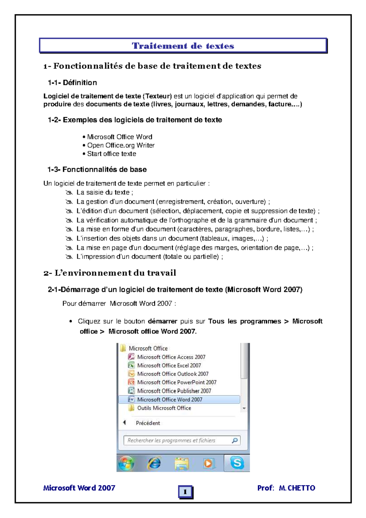 Traitement de texte cours 1 - Traitement de textes 1- Fonctionnalités ...