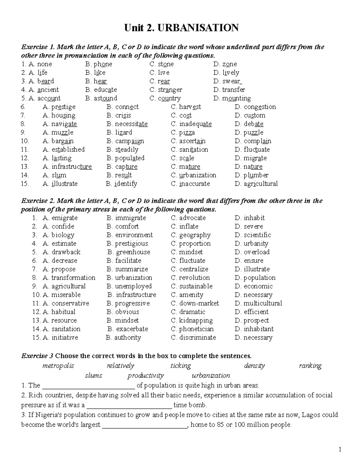 Unit 2 anh unit 2 urbanisation exercise 1 mark the letter a b c