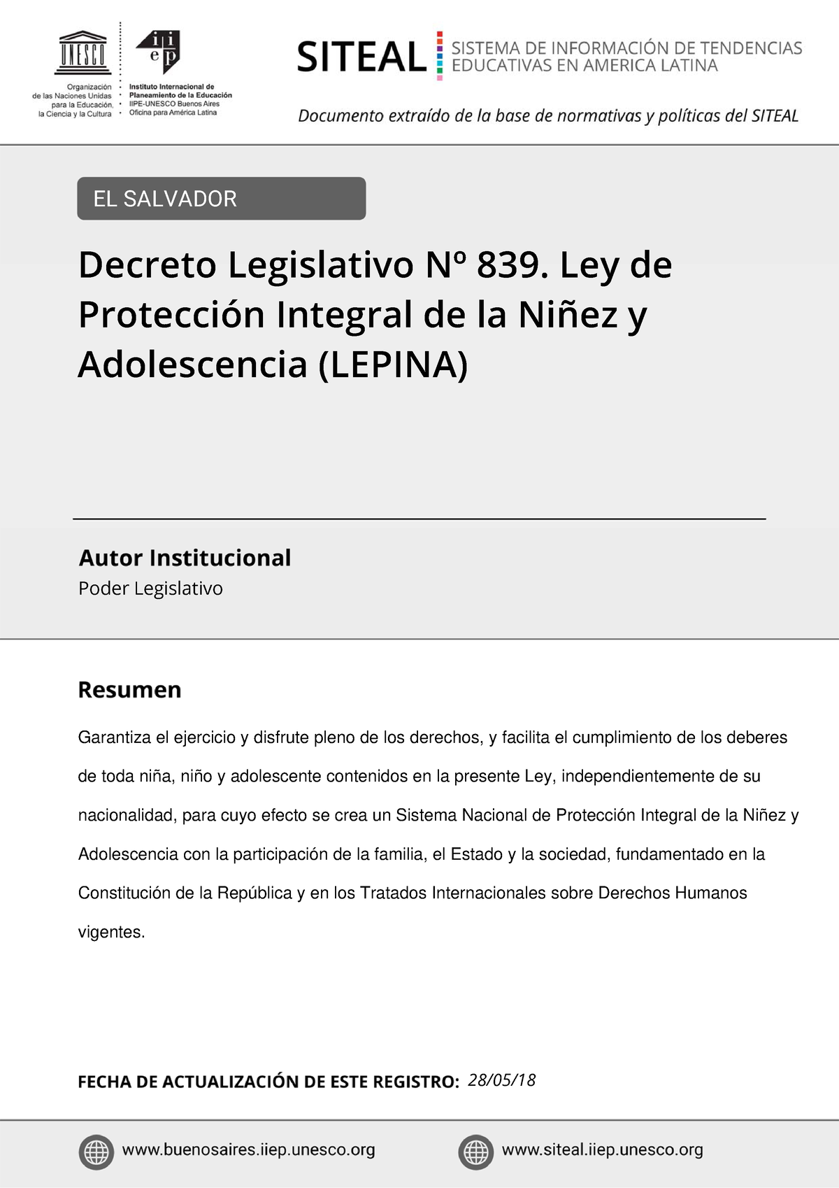 Ley de protección integral de la niñez y adolescencia ( Lepina) - EL