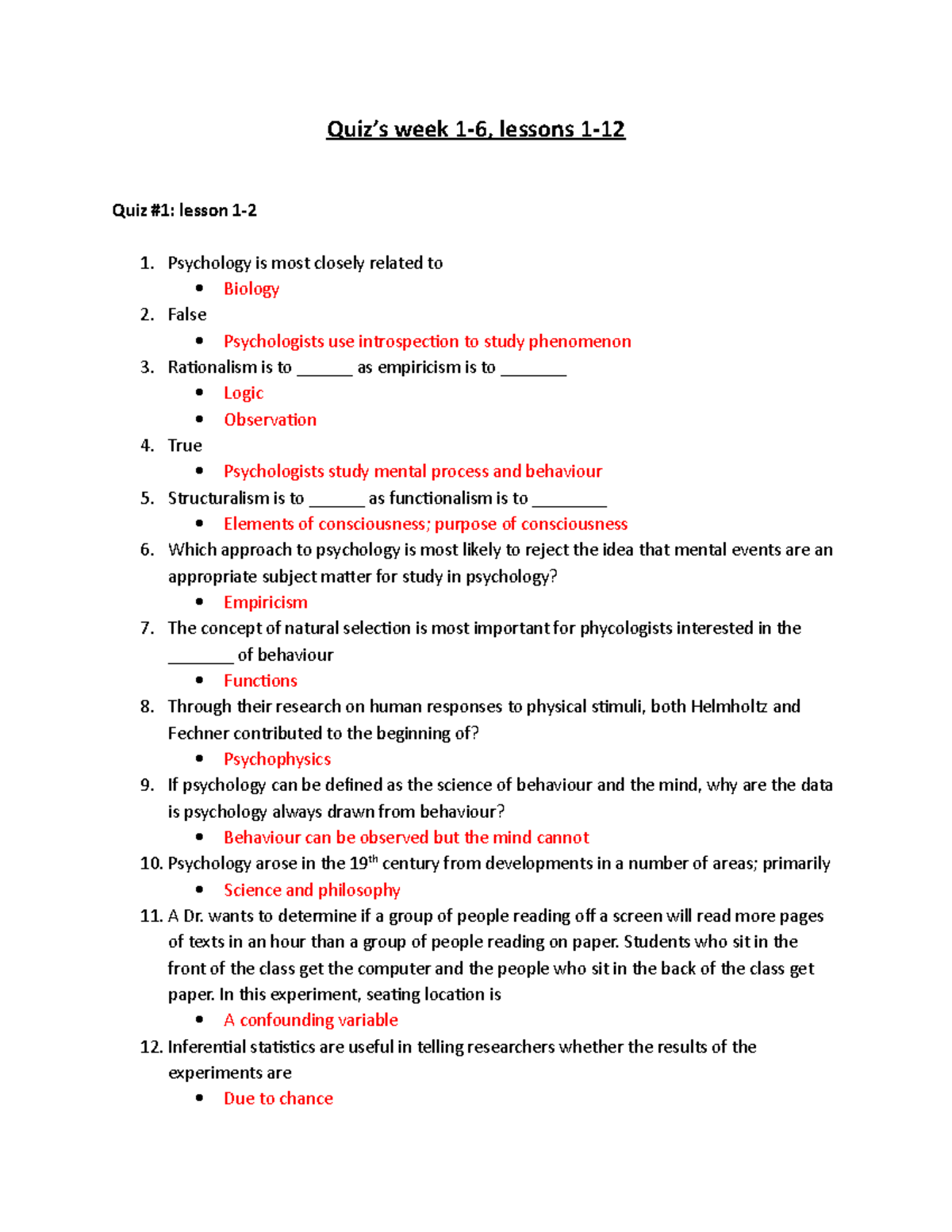 Psych Quiz S Week 1-6 - Quizzes 1-6 (Modules/weeks 1-12) - Quiz’s Week ...