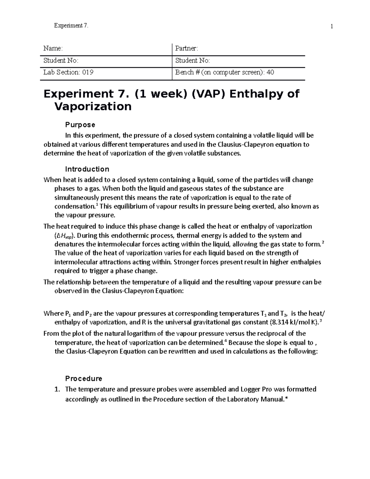 Lab 7 Enthalpy of Vaporization Name Partner Student No Student No