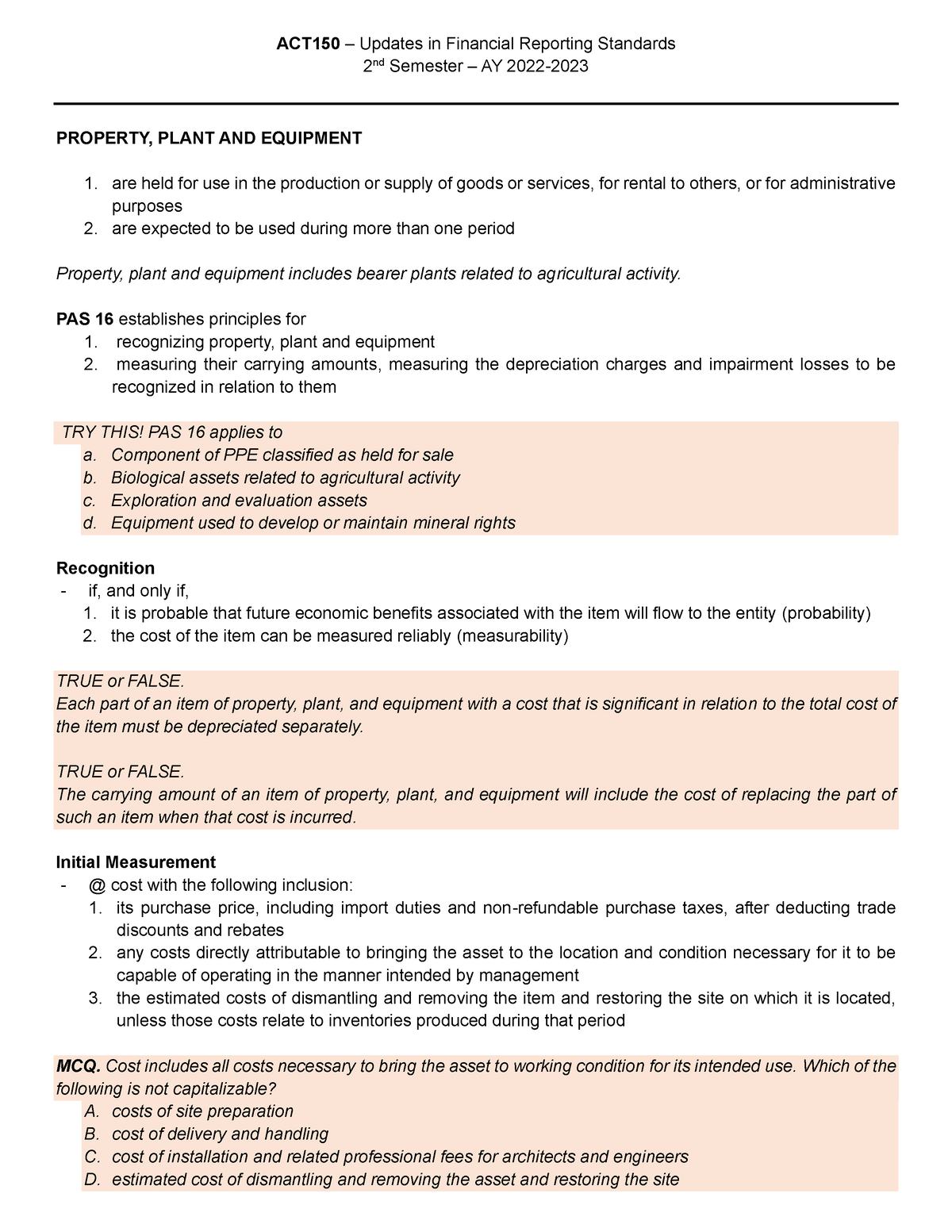 Review of PPE - Property Plant and Equipment - ACT150 – Updates in ...