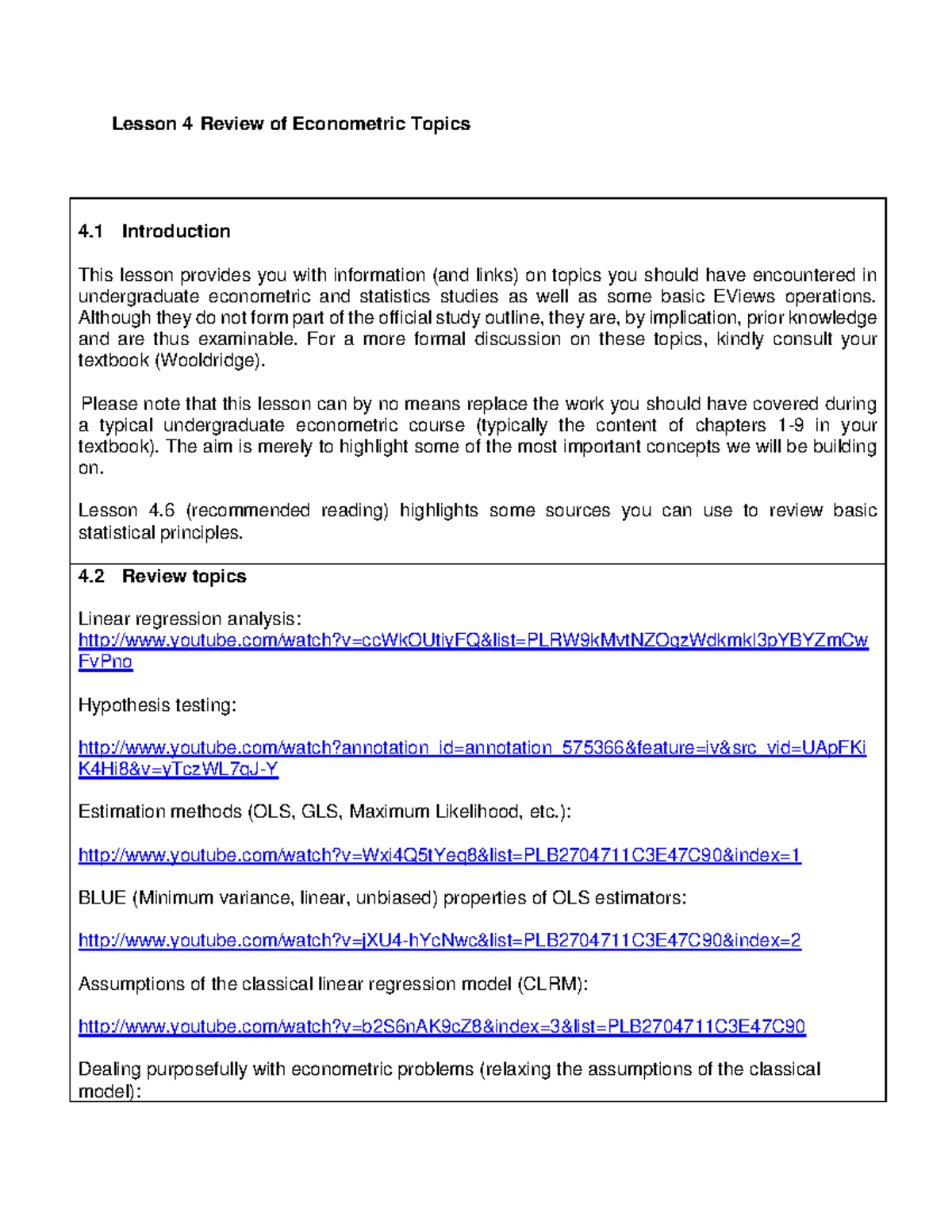 A review of basic econometrics - Lesson 4 Review of Econometric Topics ...