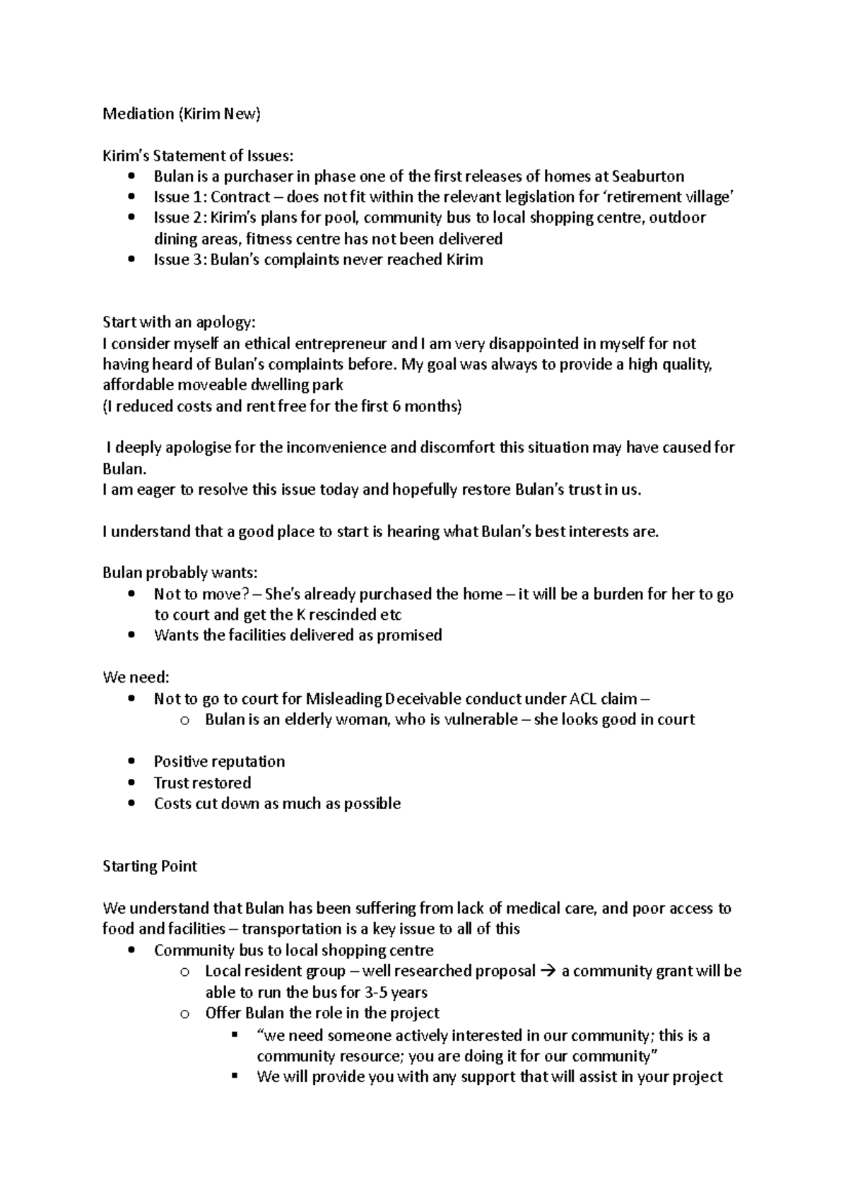 LDR mediation prep notes - Mediation (Kirim New) Kirim’s Statement of ...