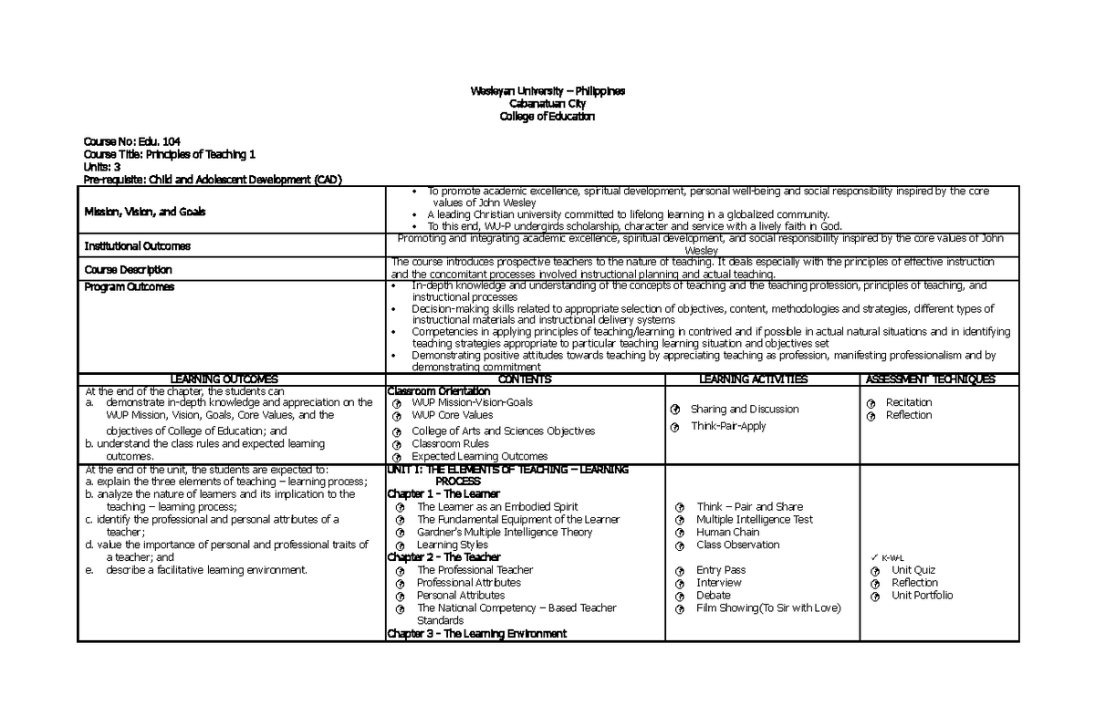 Syllabus in principles of teaching 1 by john mark docx - Course No: Edu ...