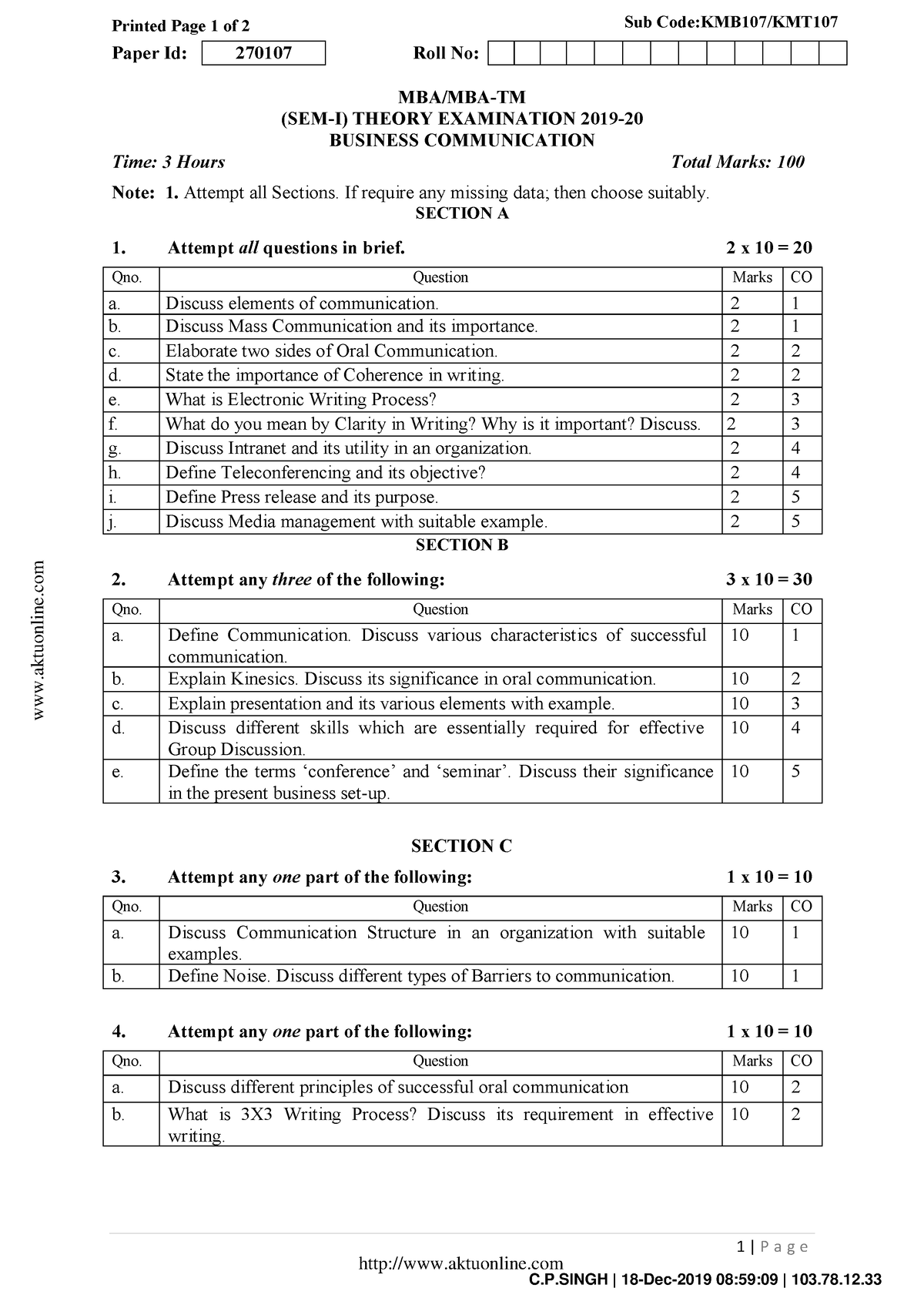 Mba 1 sem business communication kmb107 2020 - C.P | 18-Dec-2019 08:59: ...