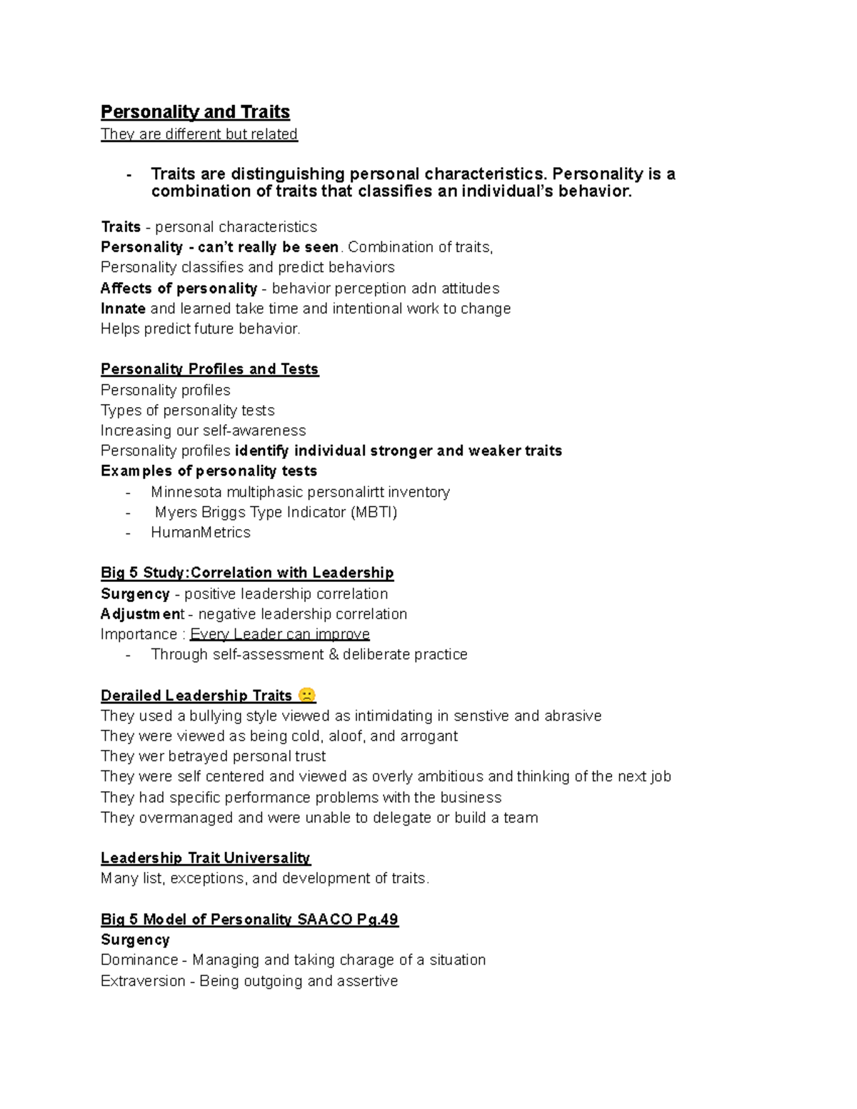MGMT 420 - Note - efefef - Personality and Traits They are different ...