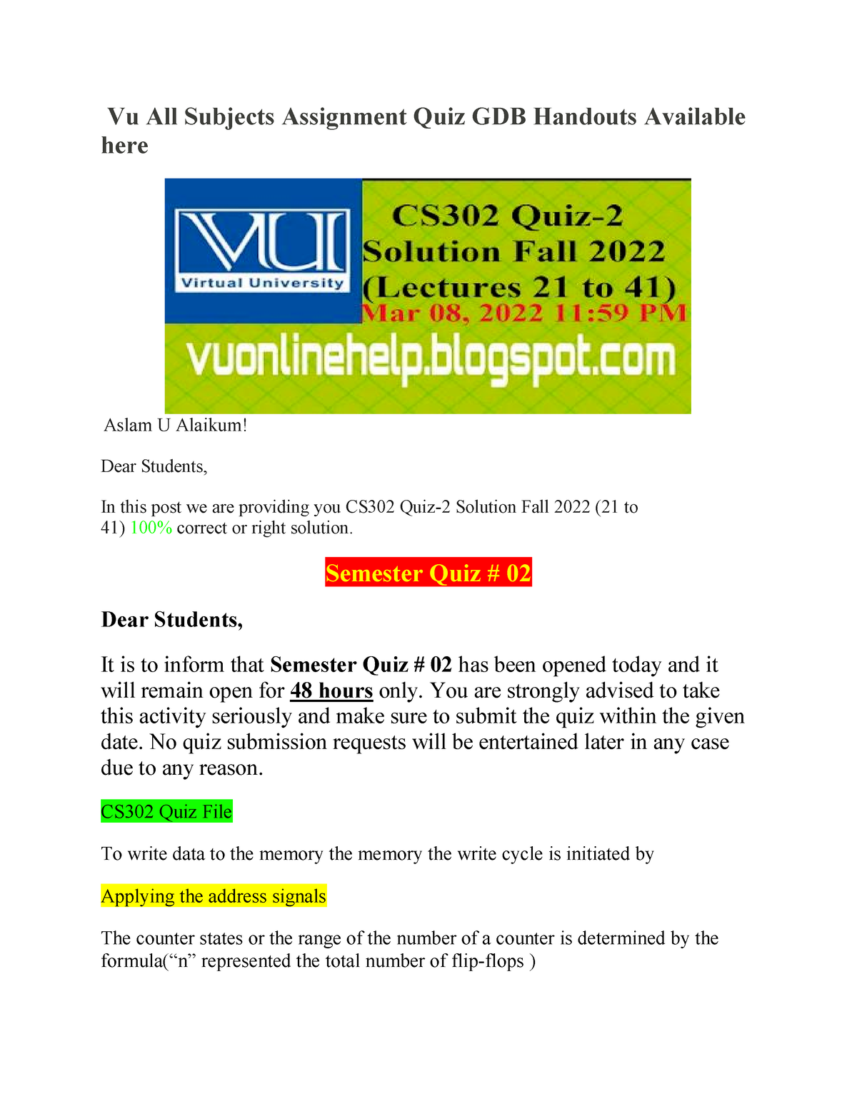 Cs302 Mcqs Lecture(23to45) - Digital Logic And Design - VU - Studocu