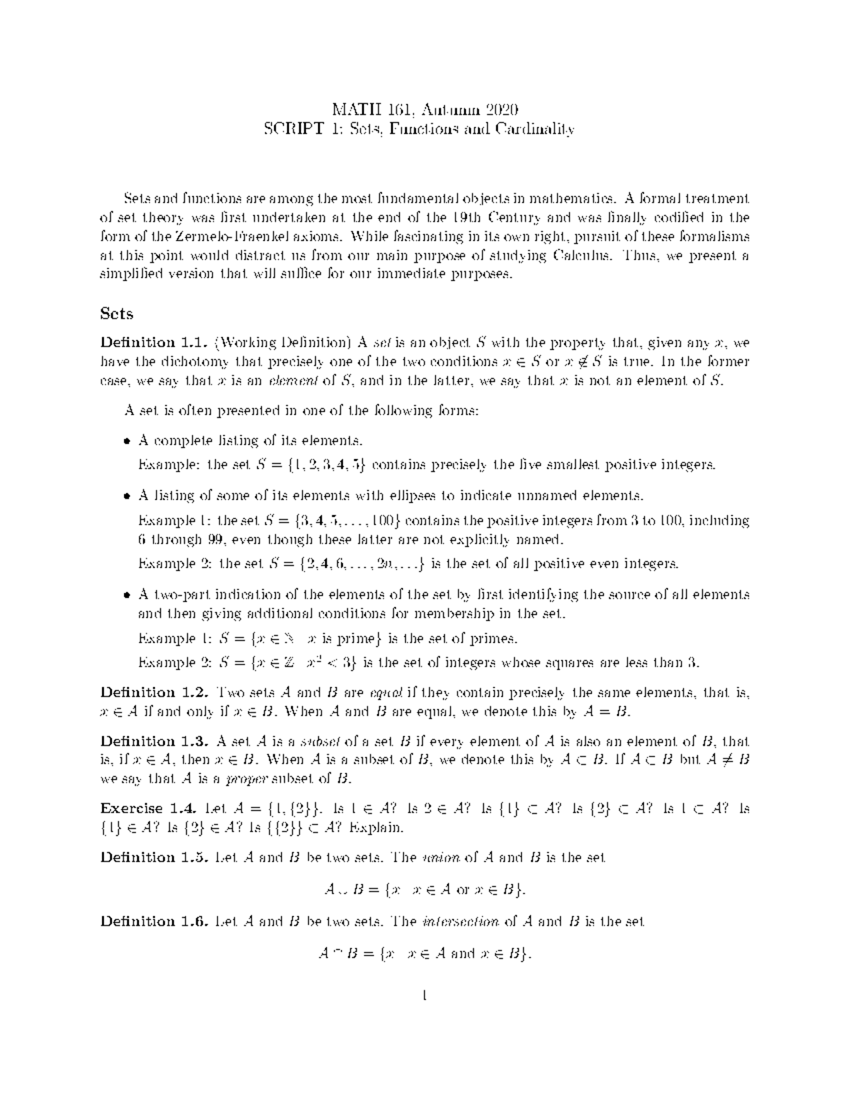 Script 1 - MATH 161, Autumn 2020 SCRIPT 1: Sets, Functions And ...