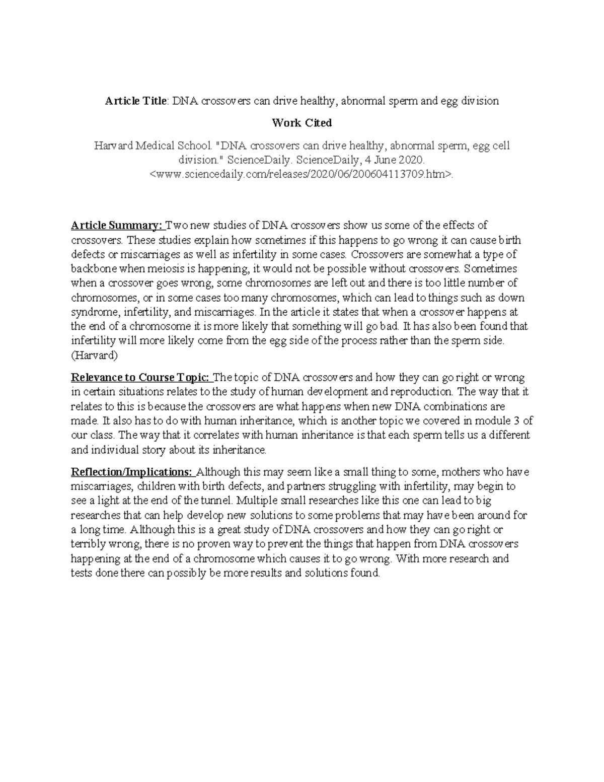 Bio Current Event Article Title DNA crossovers can drive healthy