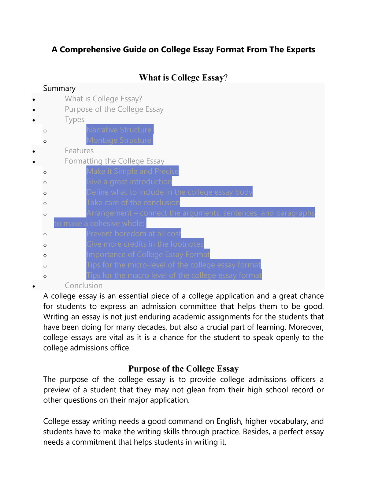 what reading level should your college essay be