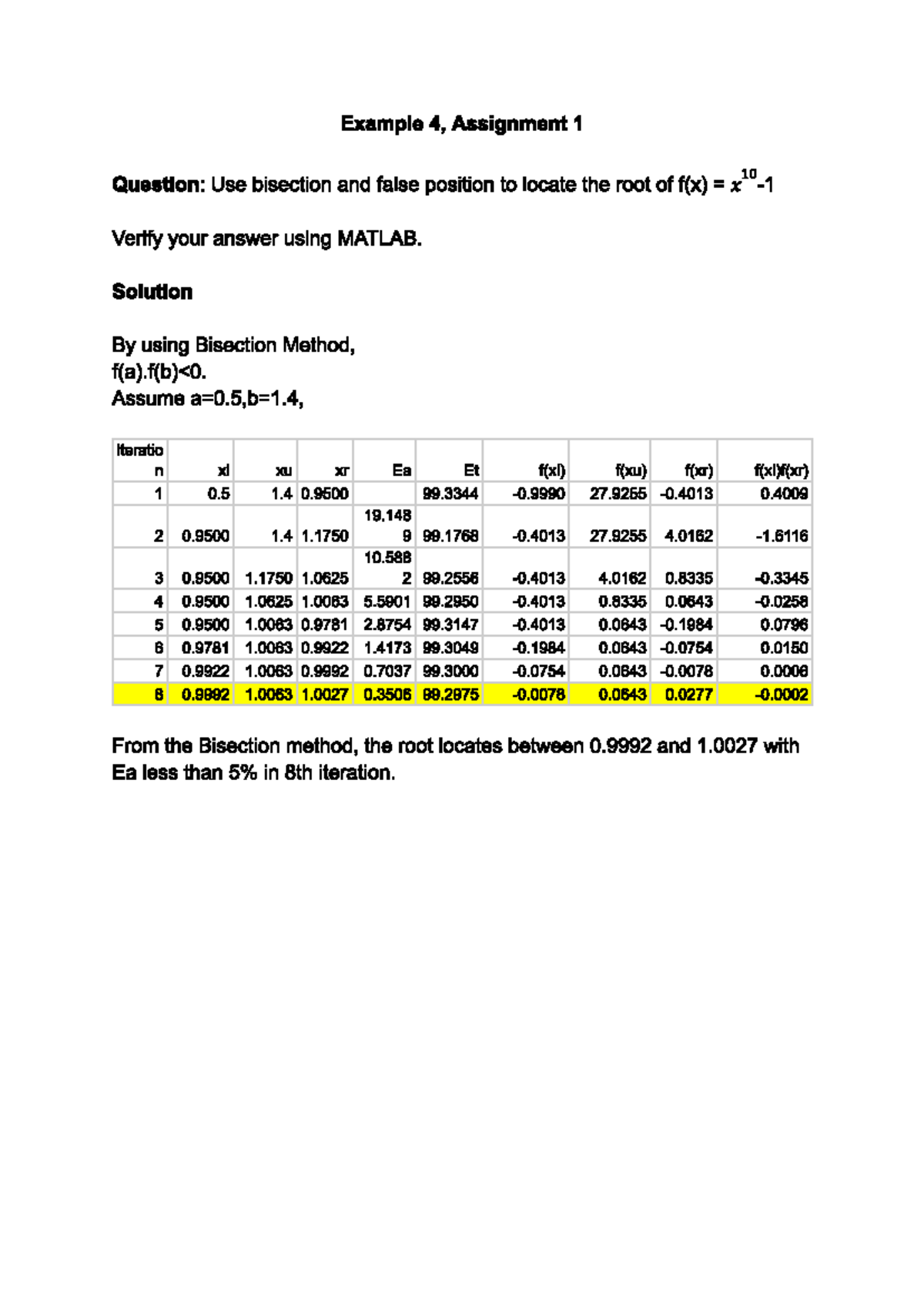 Assignment 1 - numerical method - Example 4, Assignment 1 10 Question ...