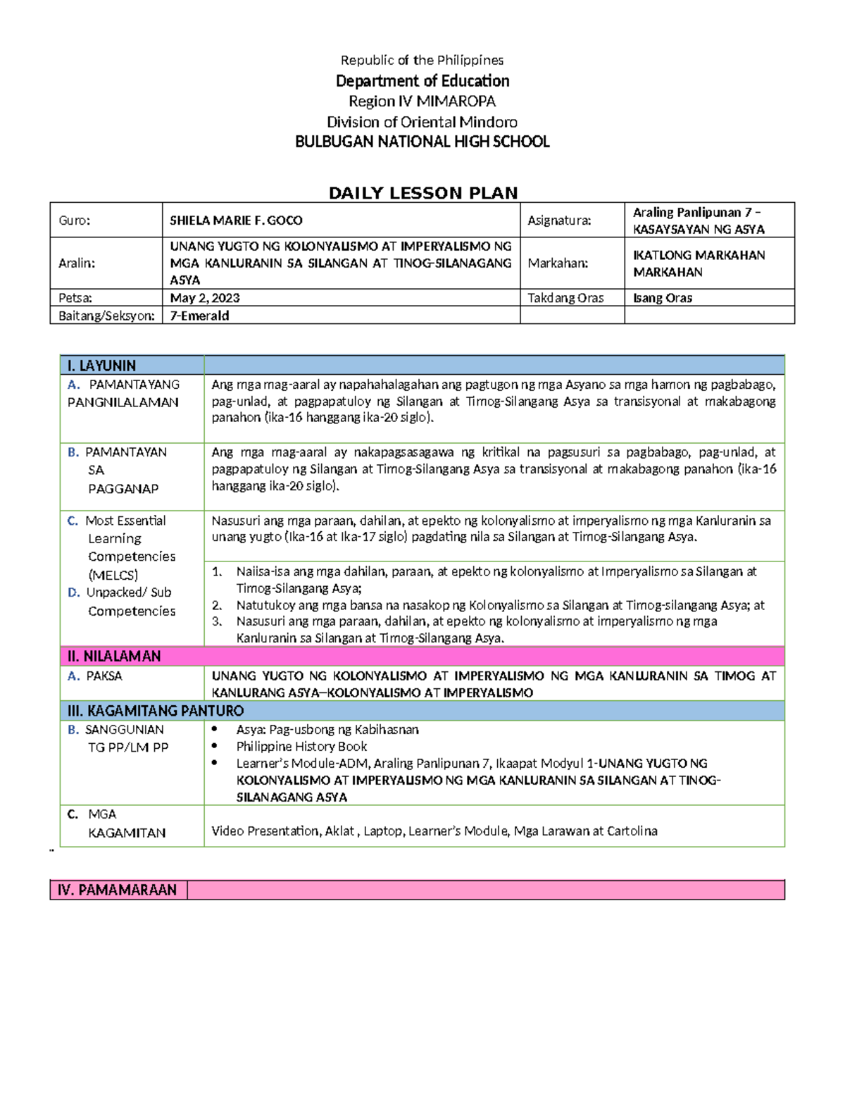 Q4 Lesson Plan Week 1 - reference - Republic of the Philippines DAILY ...