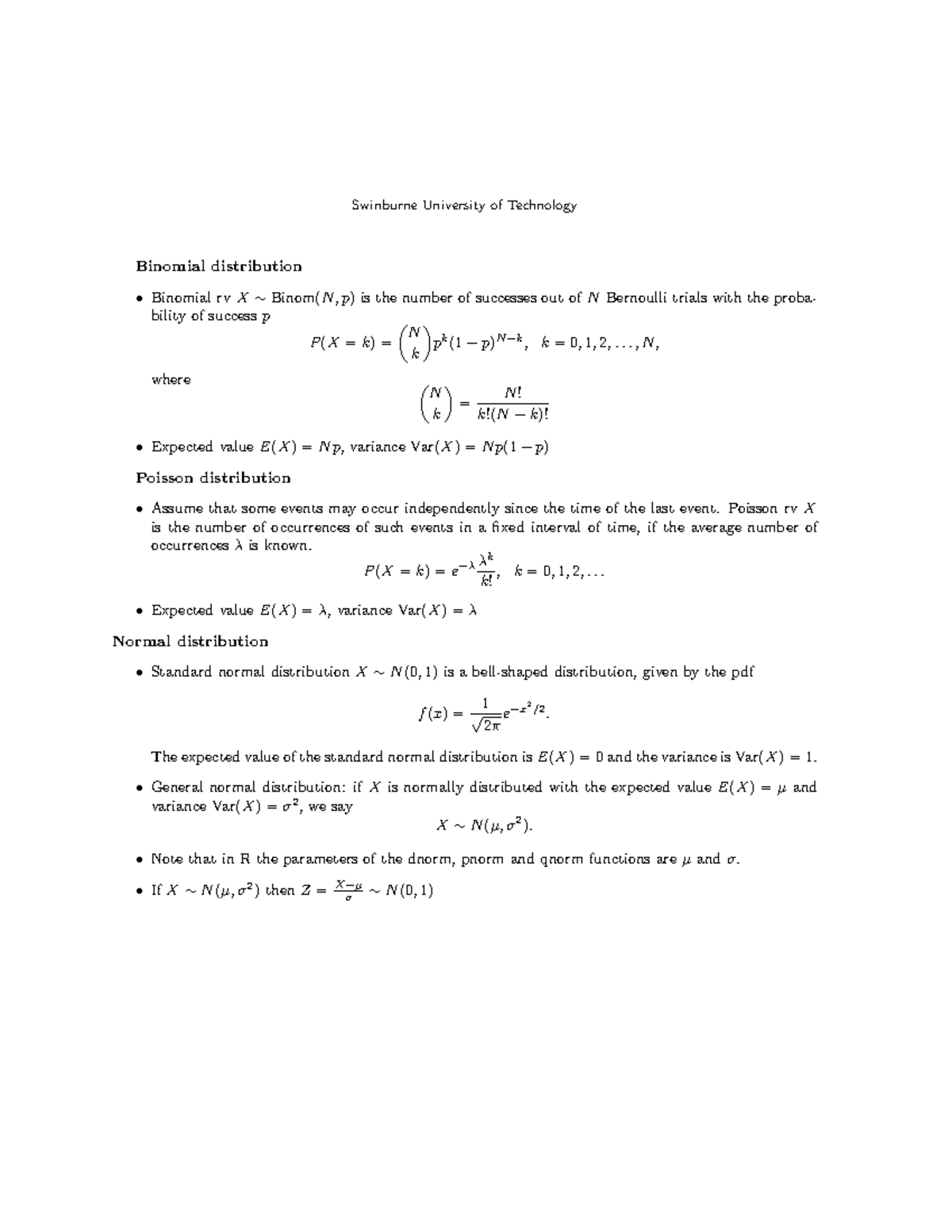 W9l1 - kkk - Swinburne University of Technology Binomial distribution ...