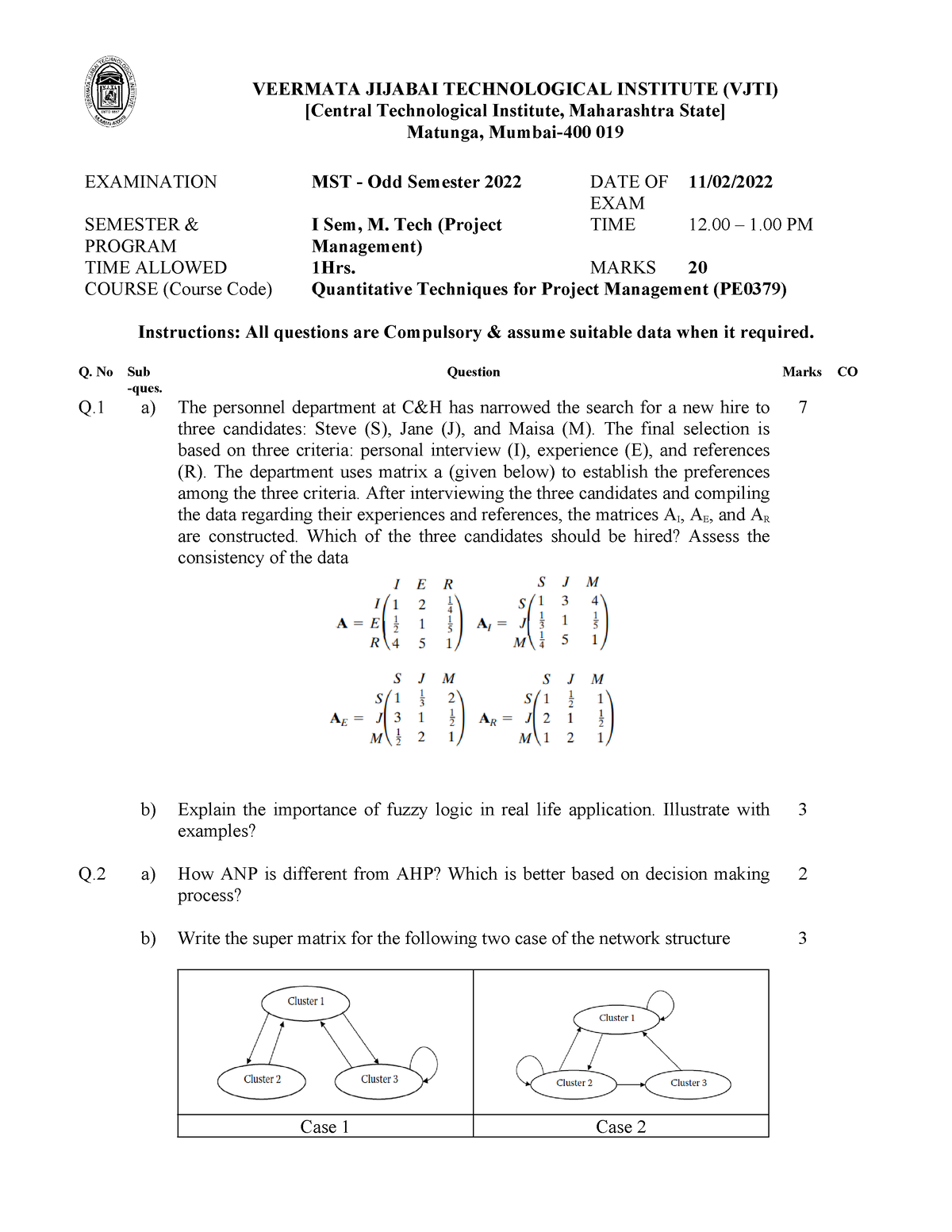 Question Paper Odd Sem - Refer - VEERMATA JIJABAI TECHNOLOGICAL ...