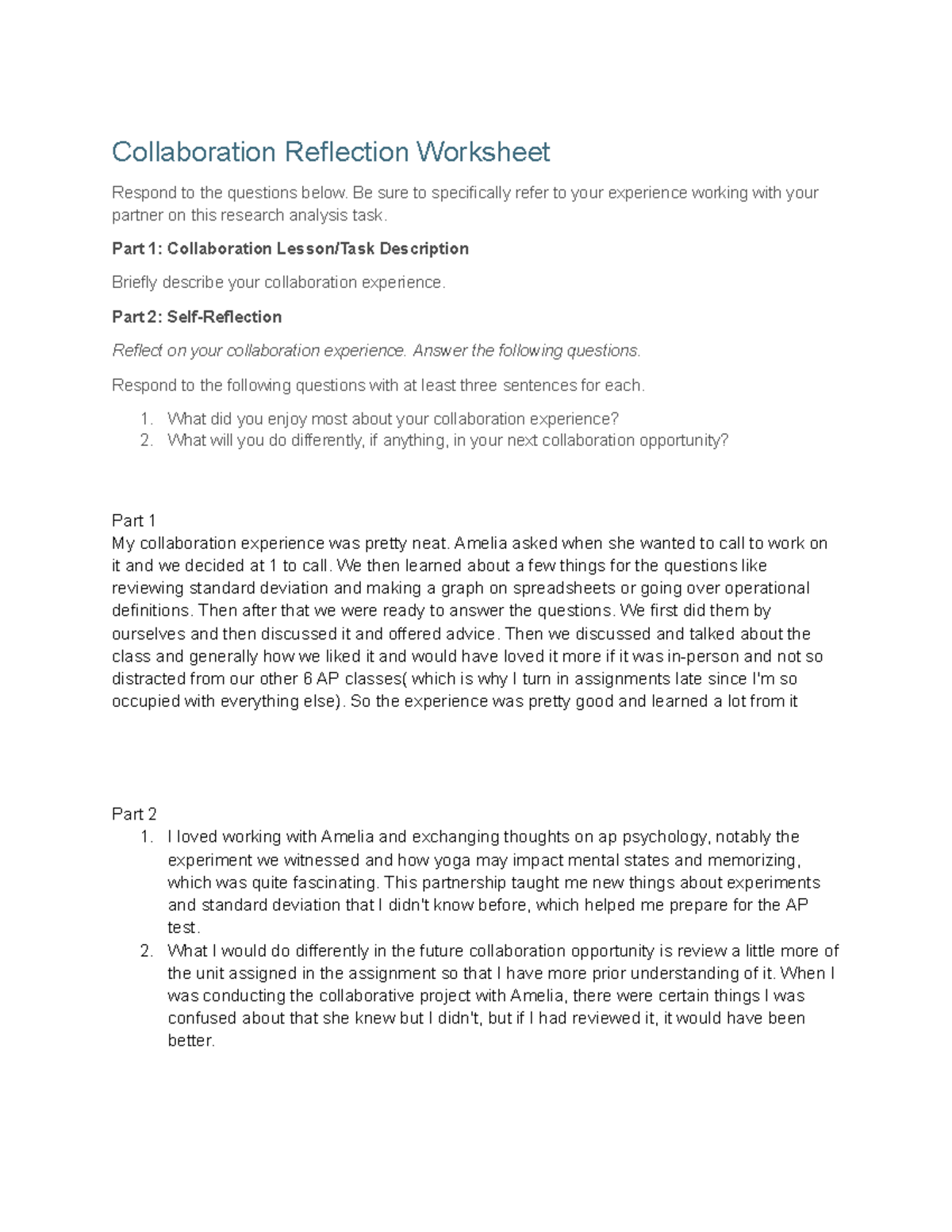 Collab worksheet- ap psych - Collaboration Reflection Worksheet Respond ...