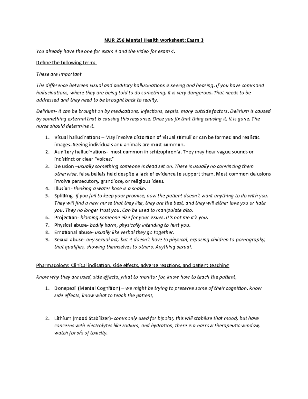 Exam 3 Study Guide Mental Health - NUR 256 Mental Health worksheet ...