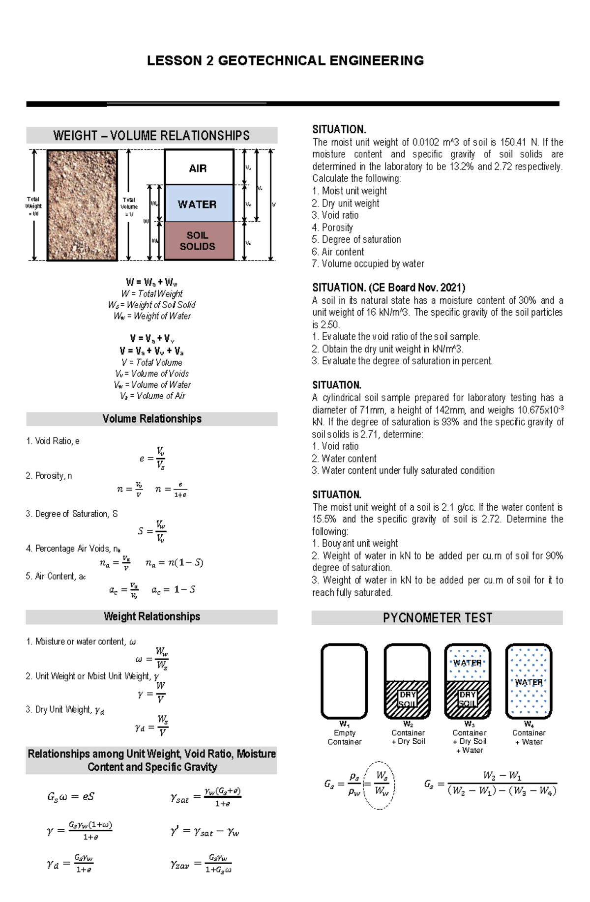 Lesson 2 Weight Volume Relationship - AIR WATER SOIL SOLIDS Total ...