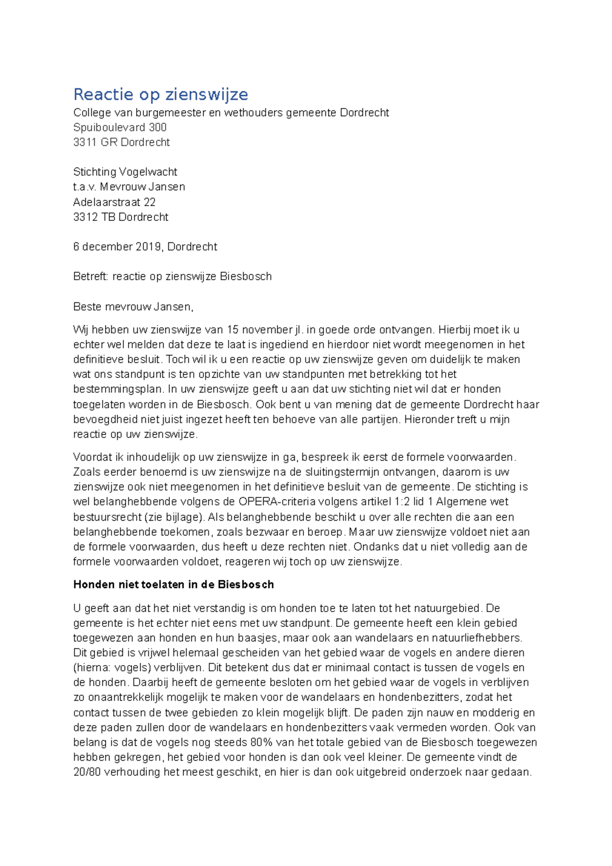 Reactie Op Zienswijze - Reactie Op Zienswijze College Van Burgemeester ...