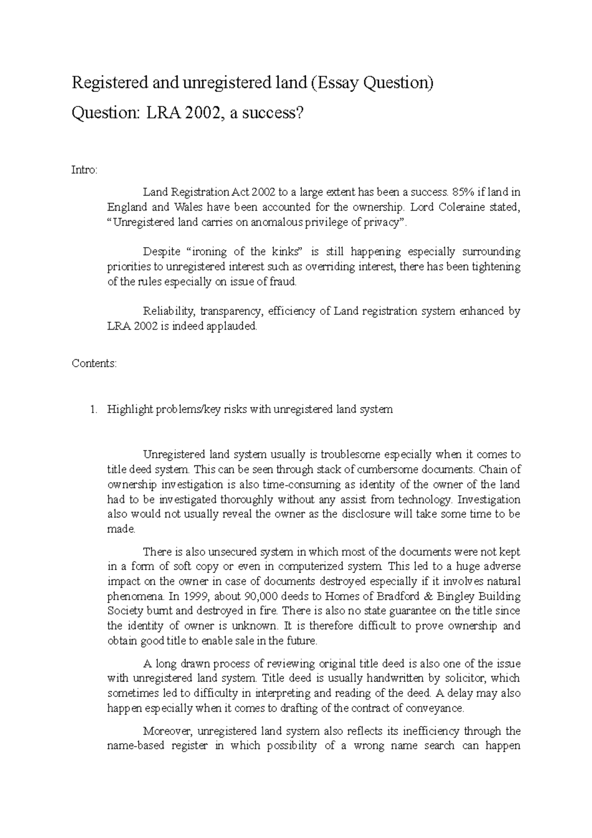 Property Law Registered/Unregistered Land (Essay) Registered and