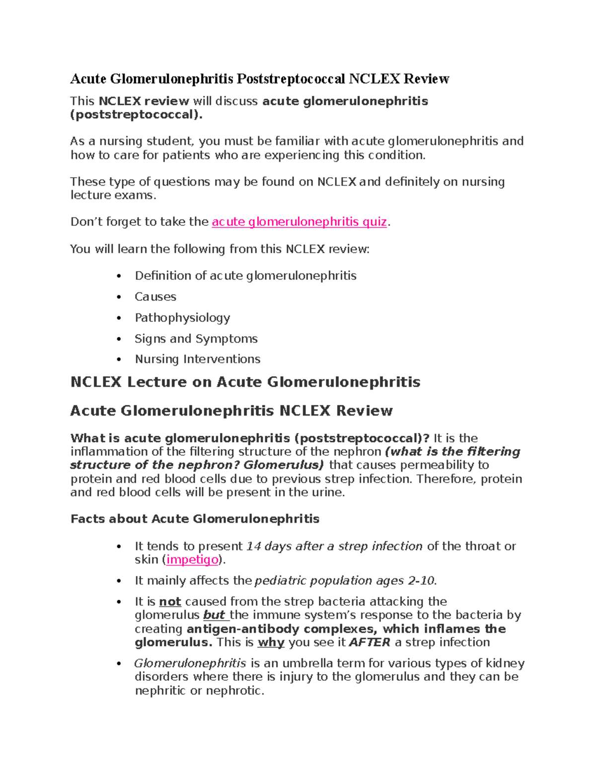 Acute Glomerulonephritis Poststreptococcal Nclex Review Acute