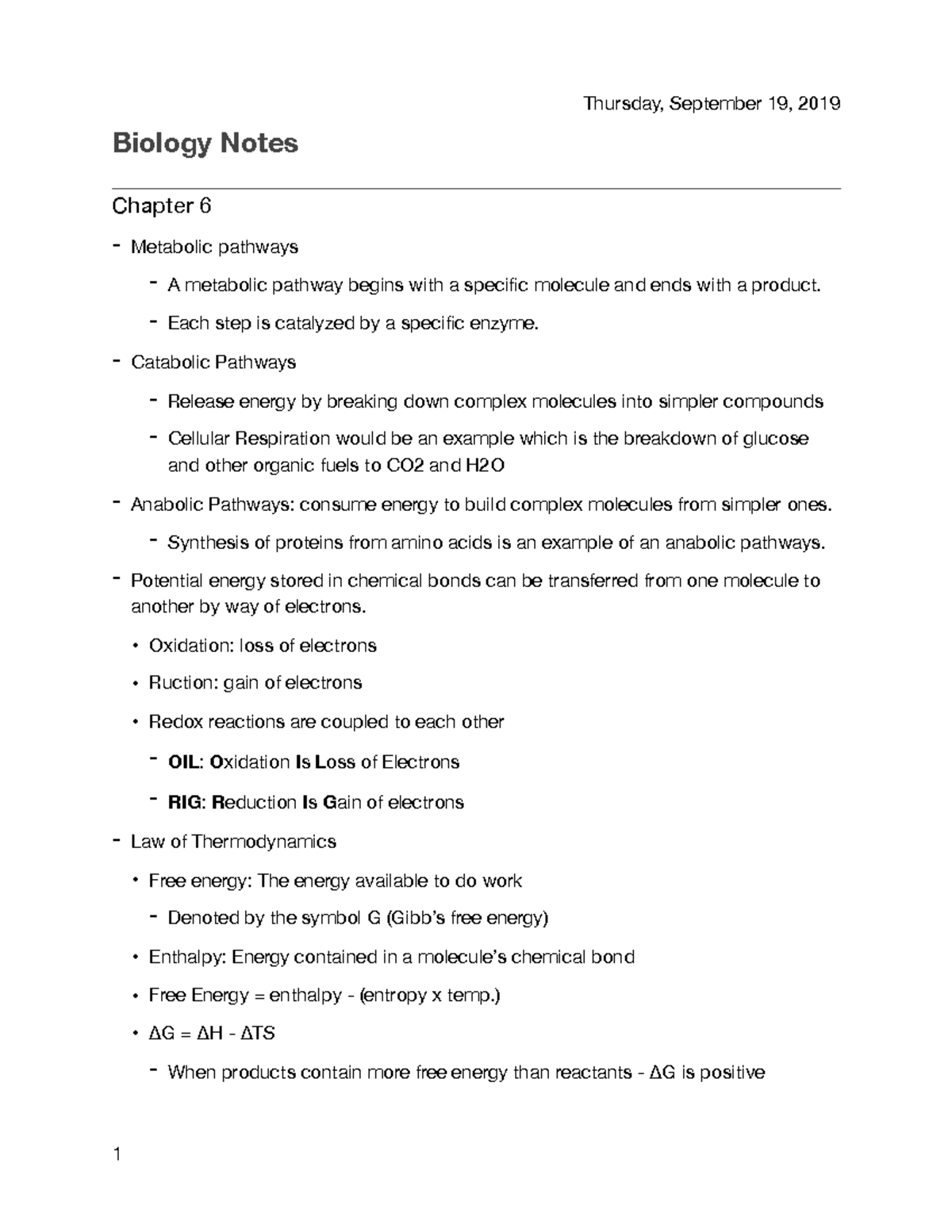 Chapter 6 Notes - Thursday, September 19, 2019 Biology Notes Chapter 6 ...