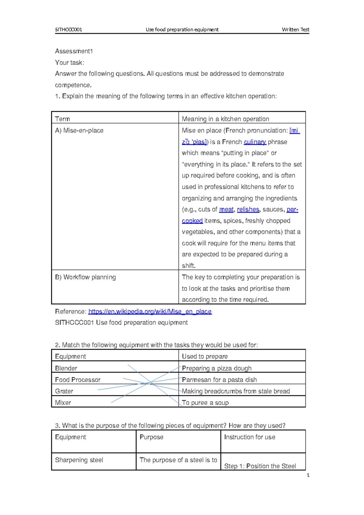 Sithccc 001 Use food preparation equipment Assessment Your task Answer the following