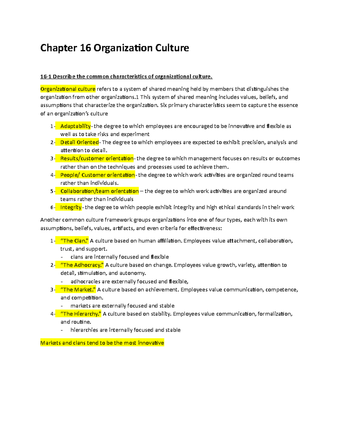 Chapter 16 Study Guide - C715 - Chapter 16 Organization Culture 16-1 ...