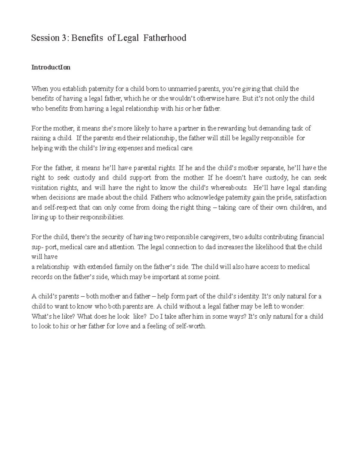 Copy of 3.1 Benefits of Legal Fatherhood.docx Session 3 Benefits of