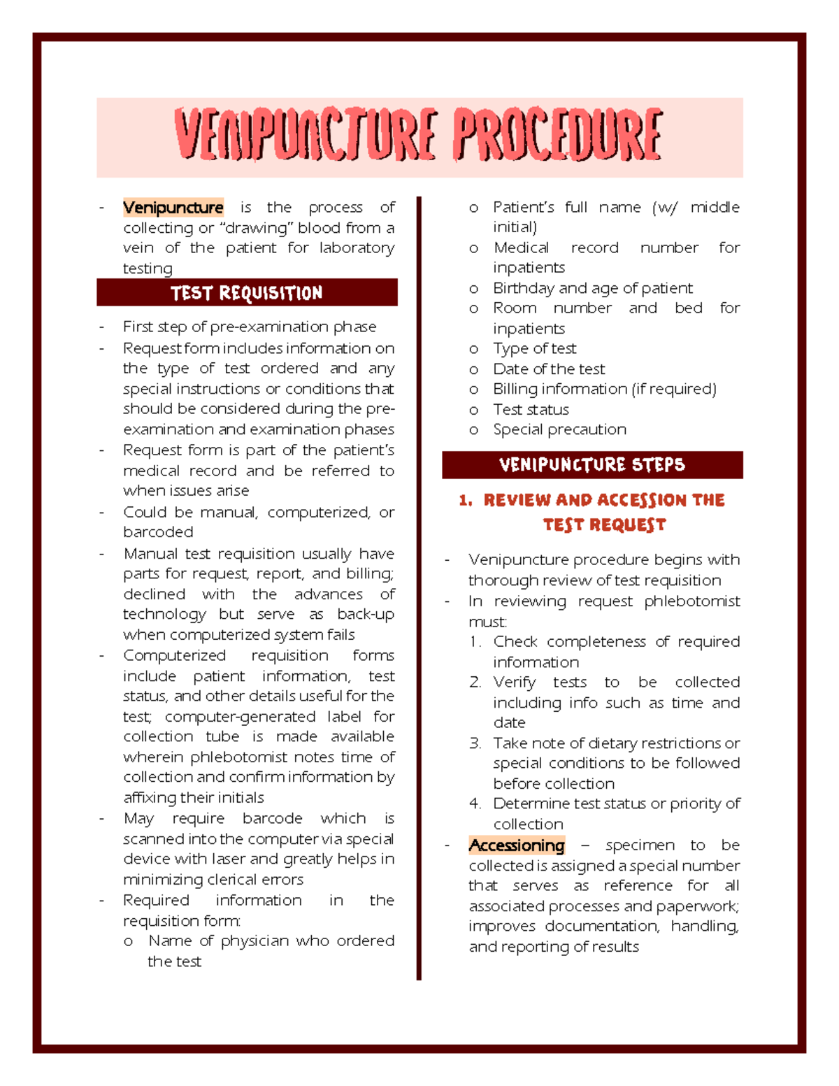 PMLS2-Mid-Notes - Helpful pmls notes - VENIPUNCTURE PROCEDURE ...