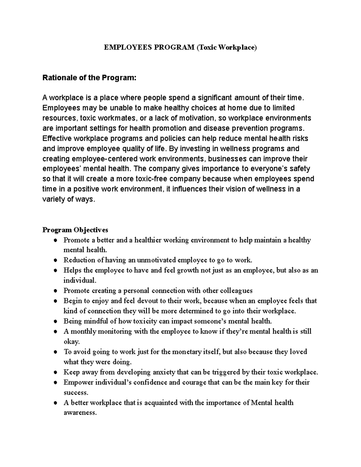 IOPS Group 10 - EMPLOYEES PROGRAM (Toxic Workplace) Rationale of the ...