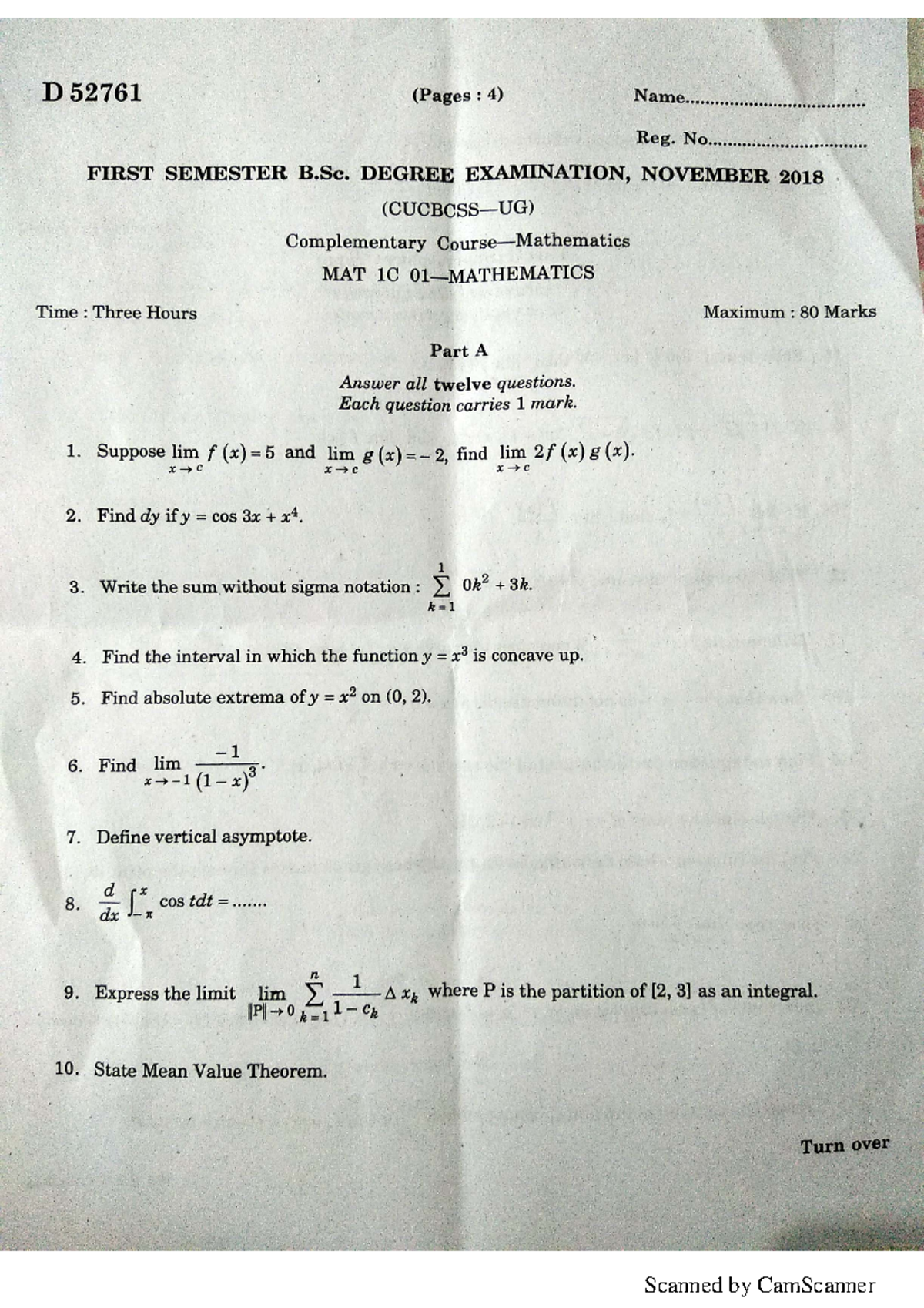 Mathematics I NOV 2018 1 - Bsc. Computer science - Studocu