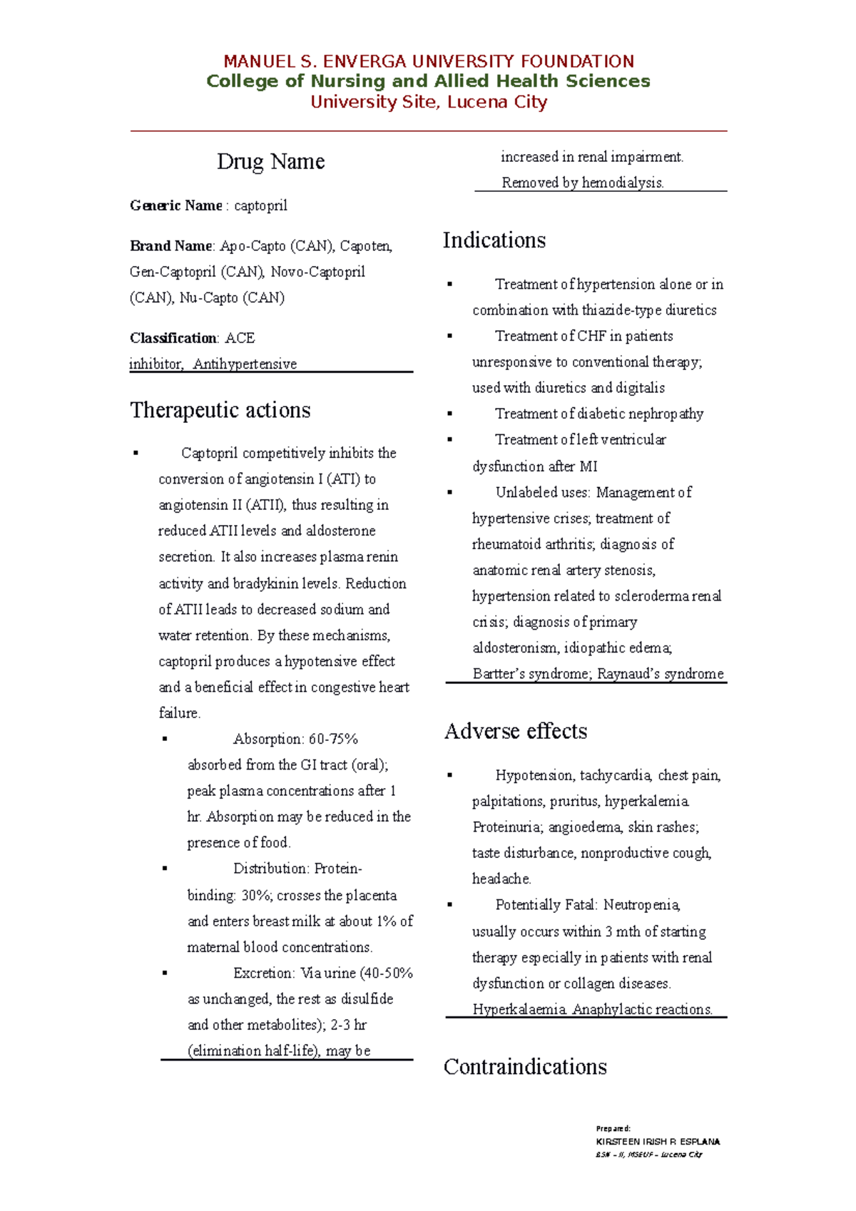 Captopril DRUG Study MANUEL S. ENVERGA UNIVERSITY FOUNDATION