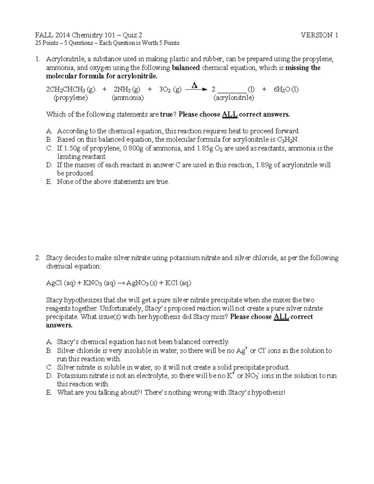 Quiz 2 - quiz 2 questions - FALL 2014 Chemistry 101 – Quiz 2 VERSION 1 ...