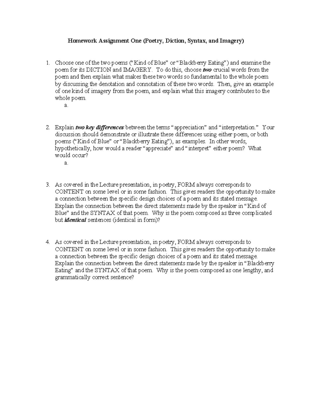 01 Homework One (Poetry, Diction, Syntax, and Imagery) - Homework ...