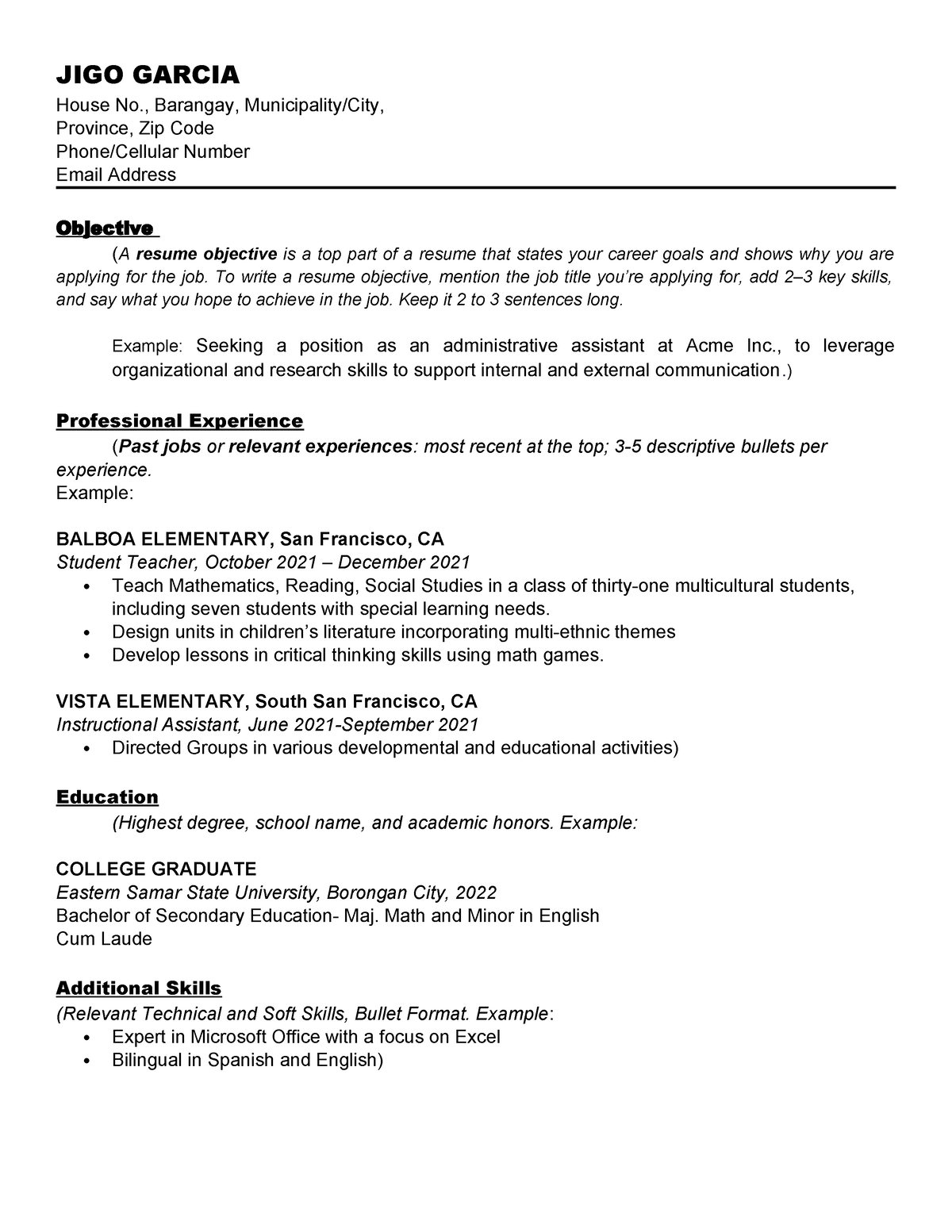 Resume- Template - JIGO GARCIA House No., Barangay, Municipality/City ...