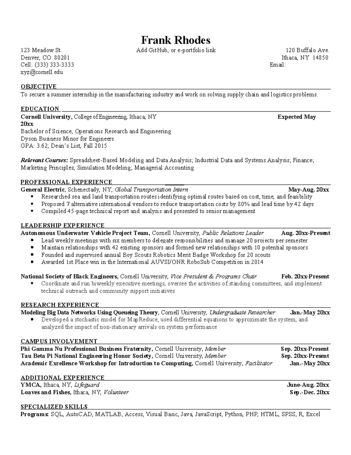 Undergrad Resume Template - Frank Rhodes 123 Meadow St. Add GitHub, or ...