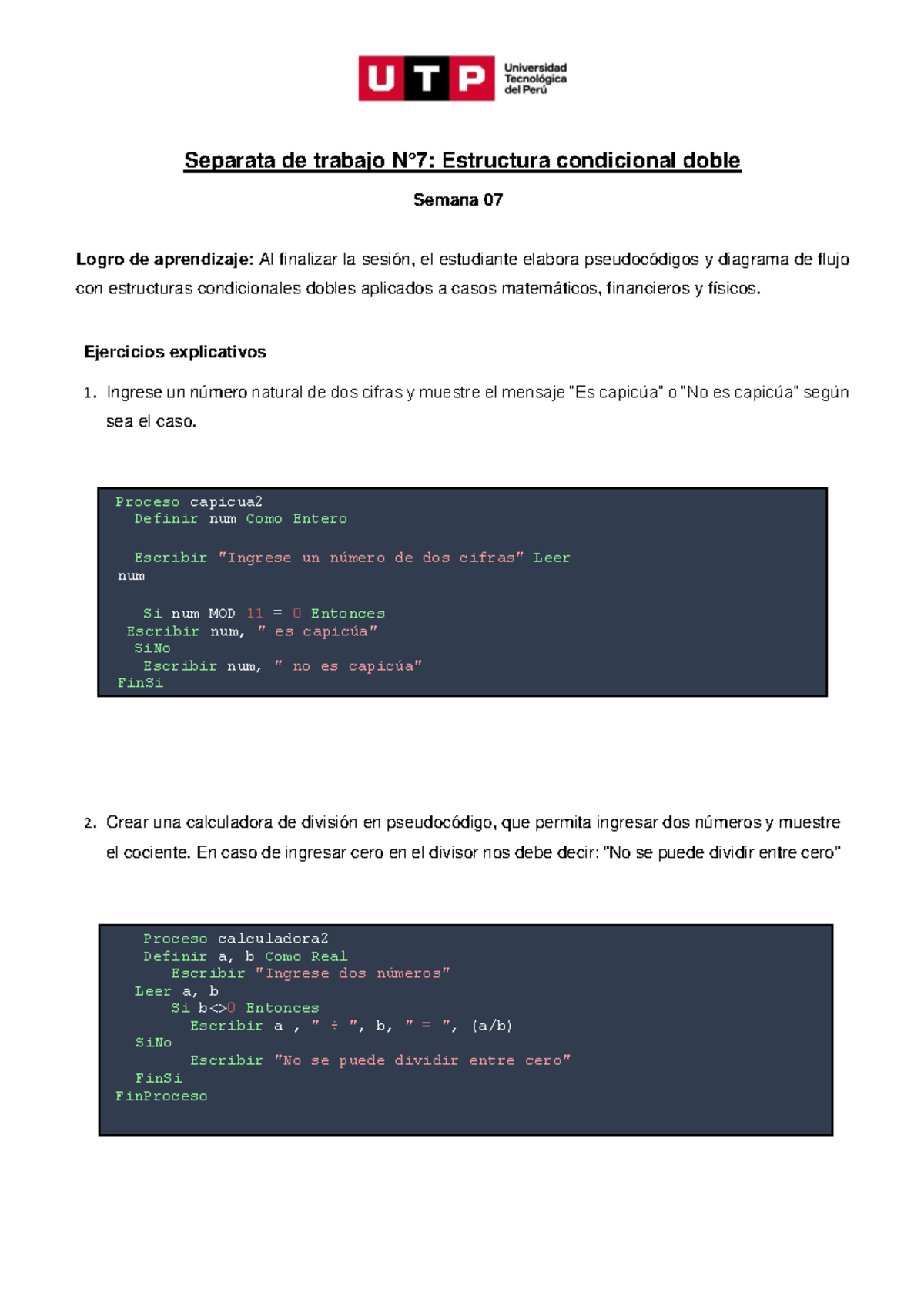 S07.s1 - Estructura condicional doble - Separata de trabajo N°7 ...