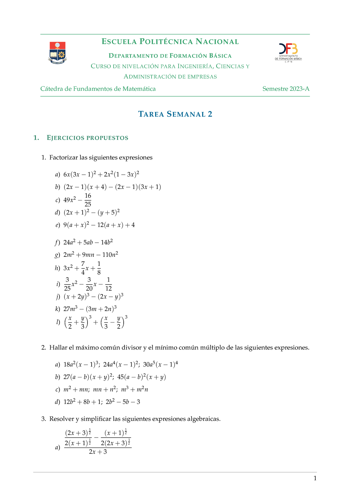 Tarea Semanal 2 - ESCUELA POLITÉCNICA NACIONAL DEPARTAMENTO DE ...