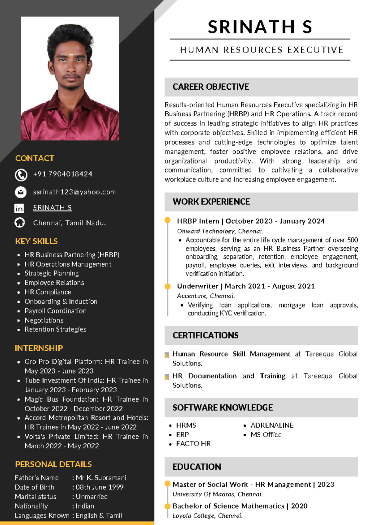 Srinath S Resume-2 - Jkljljljf - Srinath S H U M A N R E S O U R C E S 