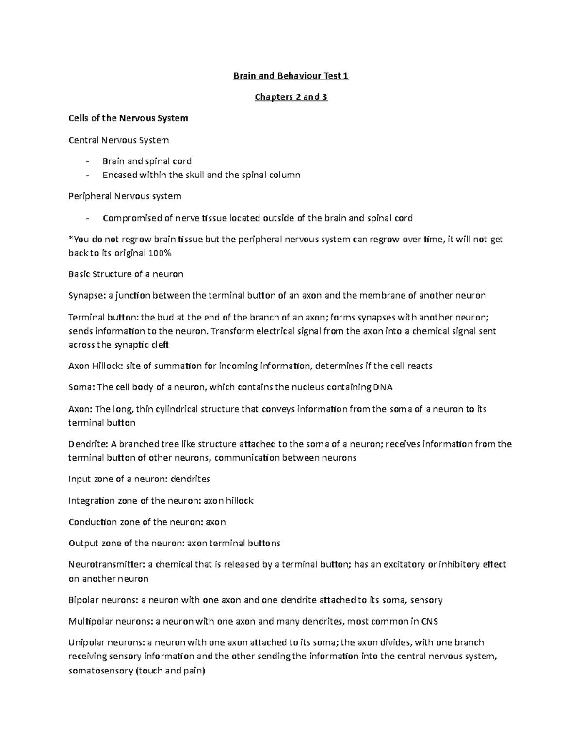 Test 1 Brain and behaviour - Brain and Behaviour Test 1 Chapters 2 and ...