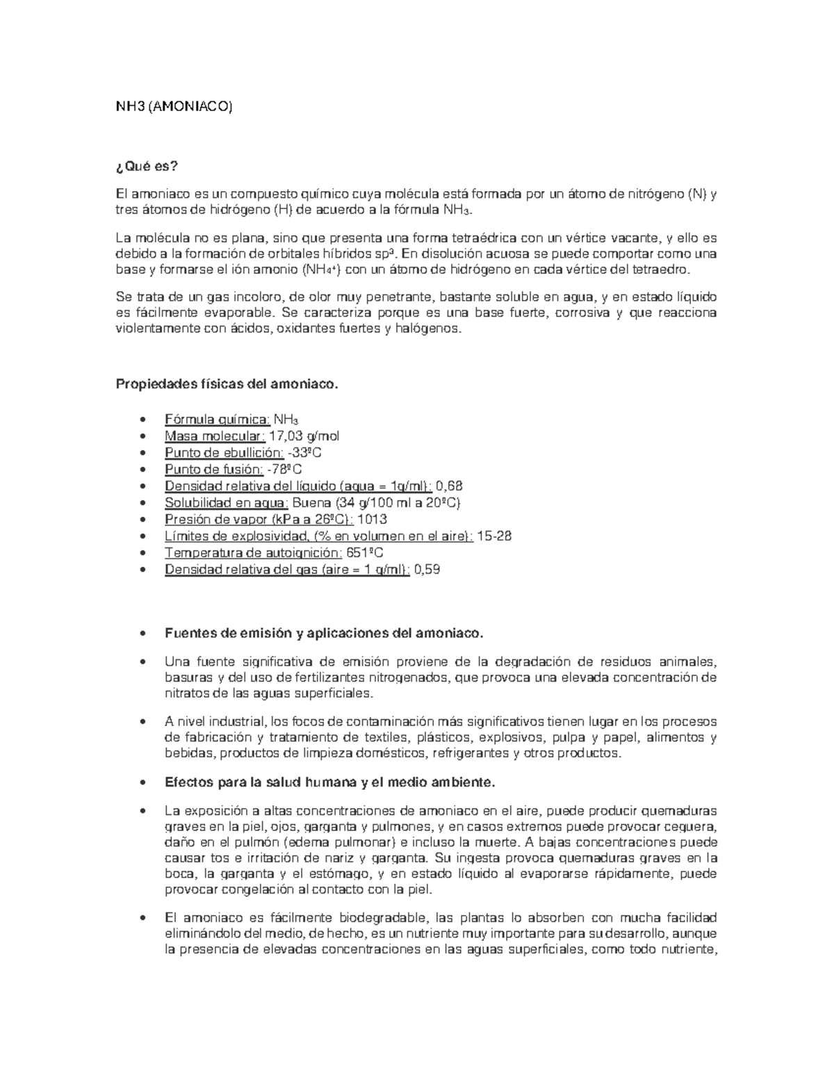 NH3 ( Amoniaco) - NH3 (AMONIACO) ¿Qué es? El amoniaco es un compuesto ...