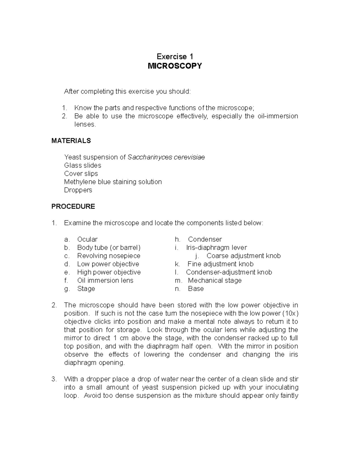 Micro Para lab exercises - Exercise 1 MICROSCOPY After completing this ...