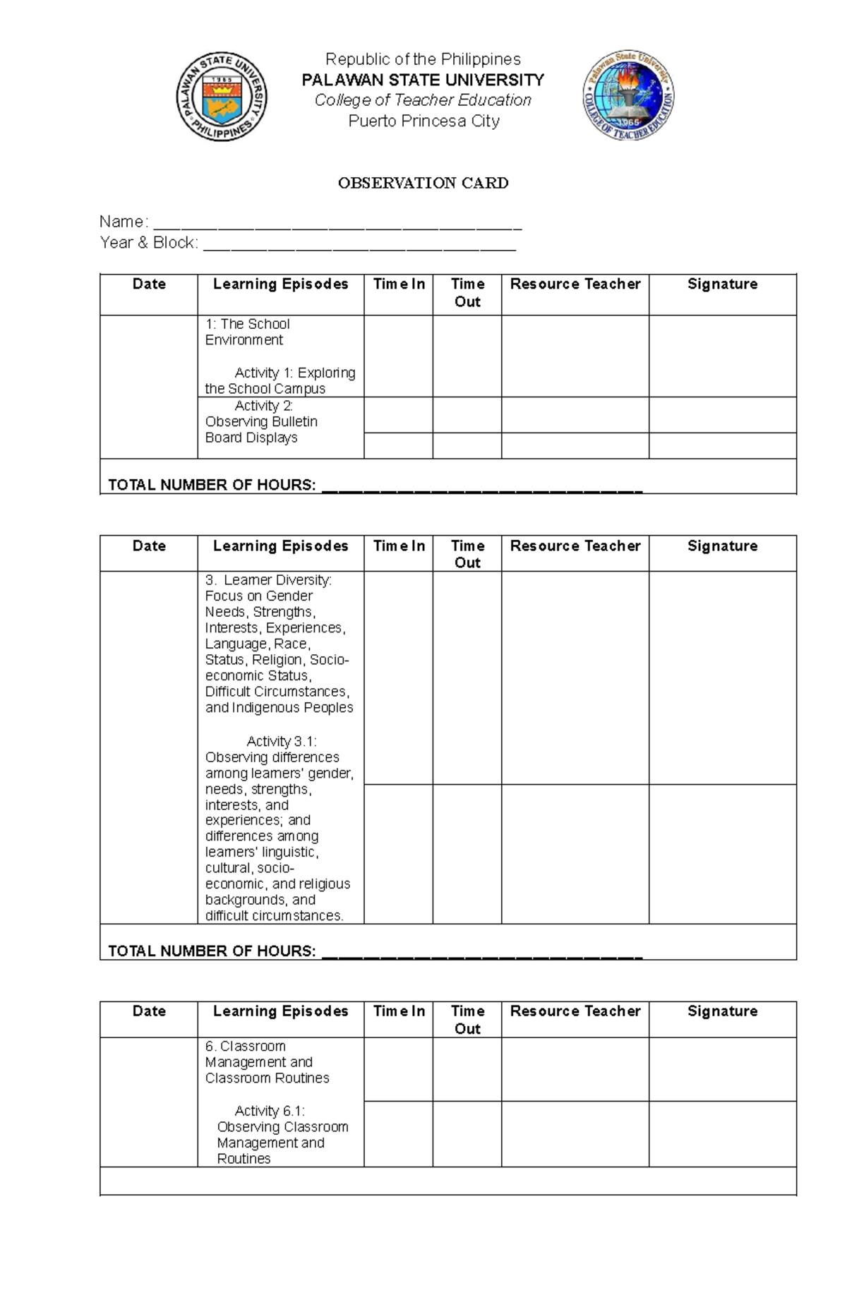 Observation-card-FS-1 - PALAWAN STATE UNIVERSITY College of Teacher ...