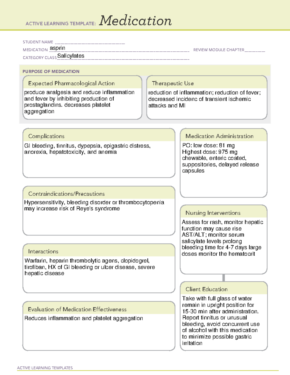 Aspirin drug sheet - ACTIVE LEARNING TEMPLATES Medication STUDENT NAME ...