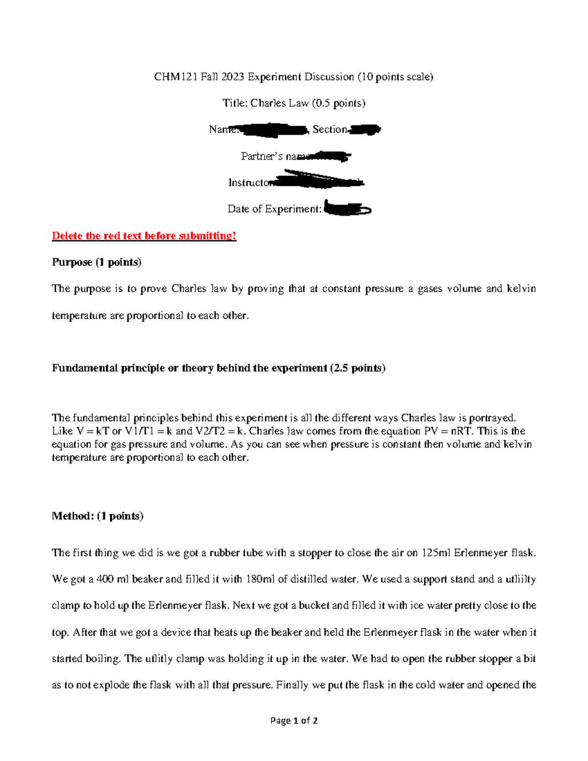 Charles Law Lab Report Page 1 of 2 CHM121 Fall 2023 Experiment