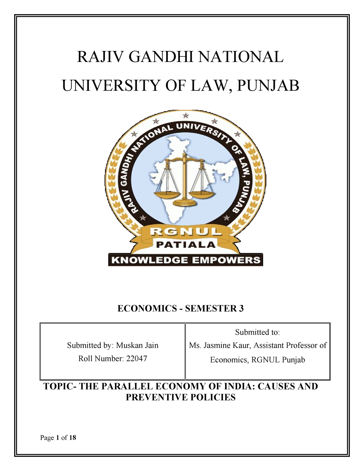 economics project - RAJIV GANDHI NATIONAL UNIVERSITY OF LAW, PUNJAB ...