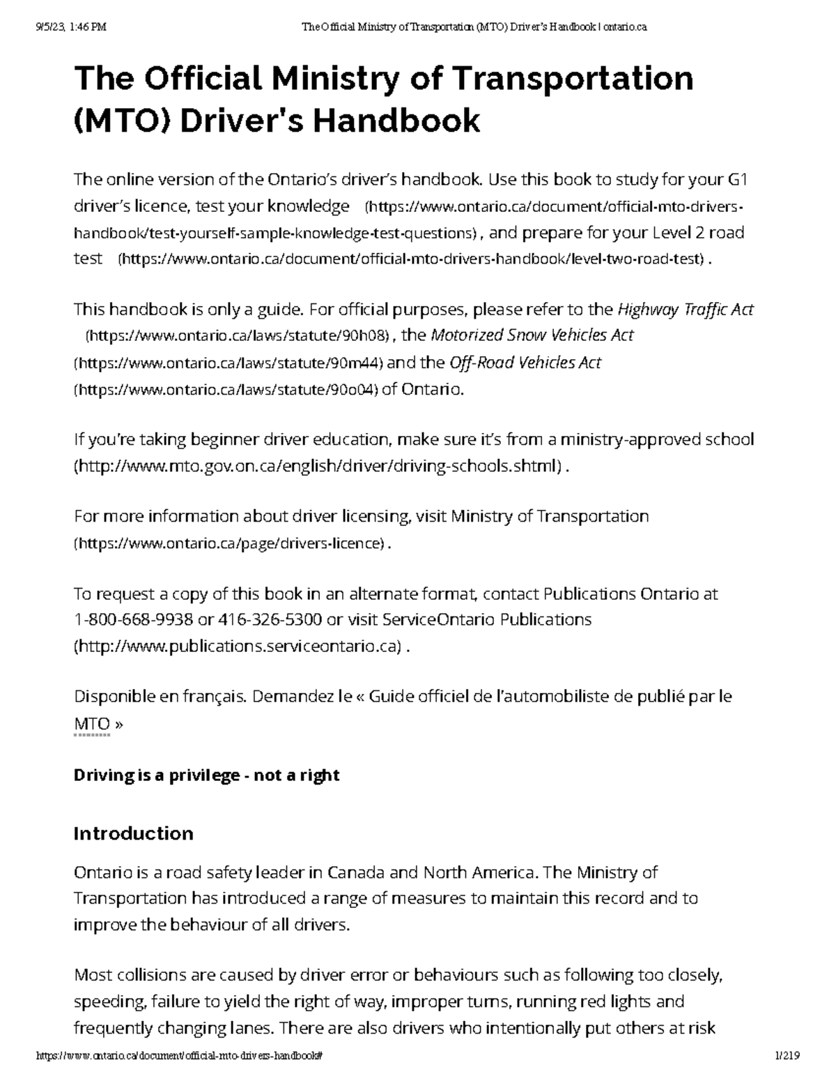 The Official Ministry of Transportation (MTO) Driver’s Handbook ontario