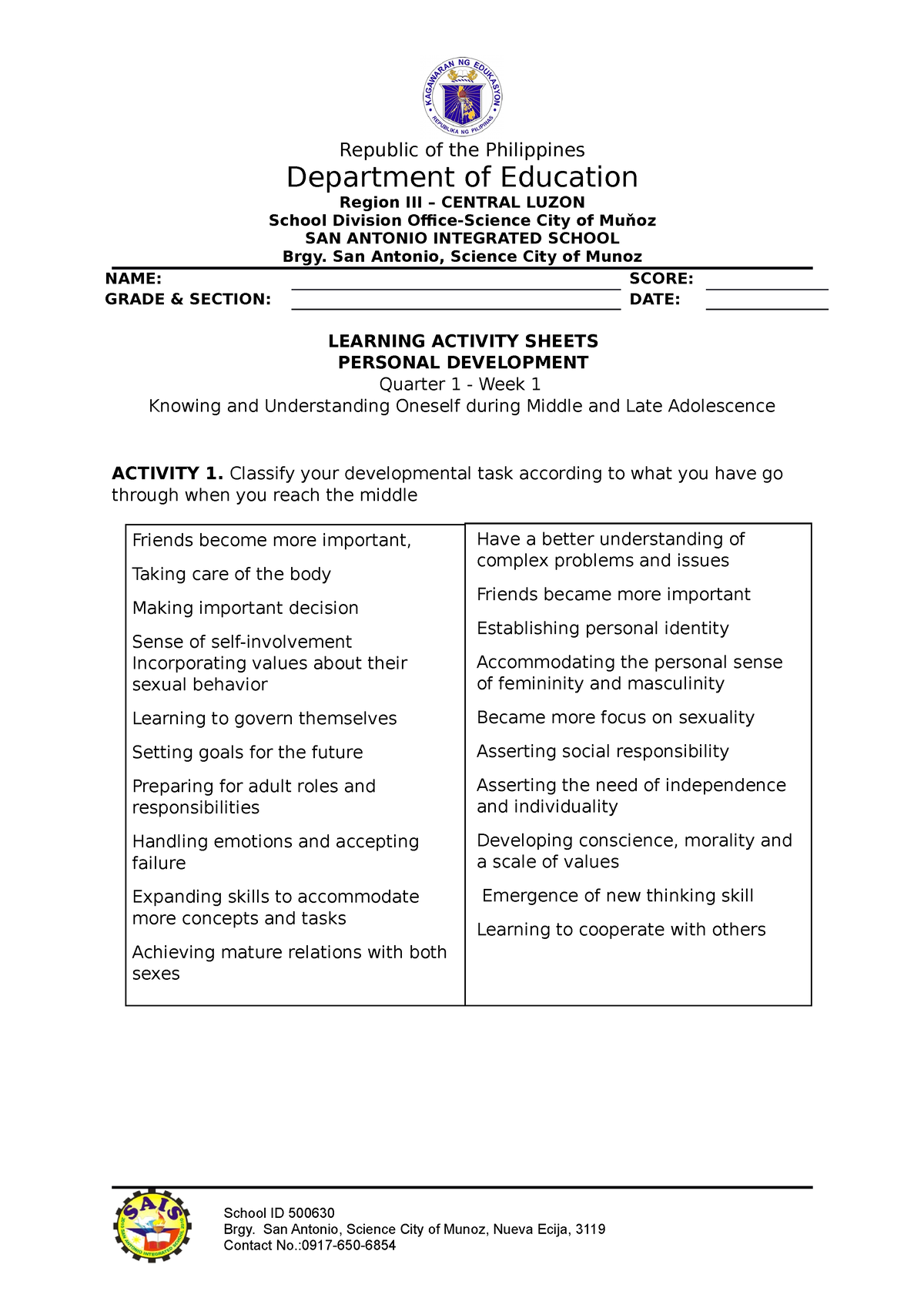 LAS Perdev WEEK 1 - Las - Republic Of The Philippines Department Of ...