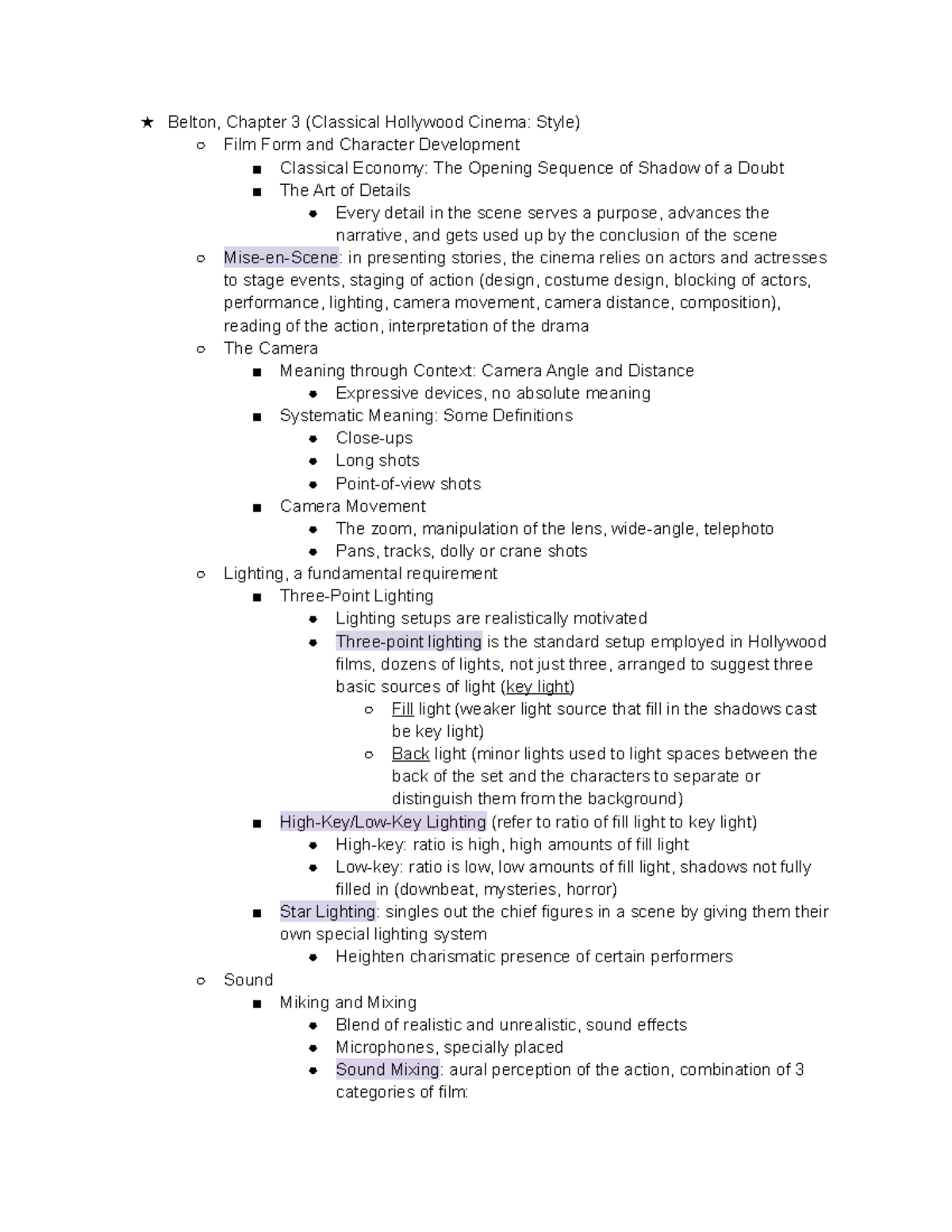 Belton, Chapter 3 (Classical Hollywood Cinema Style) notes Studocu
